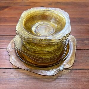 Antique Federal Glass plates & bowls in the Madrid Pattern, amber color